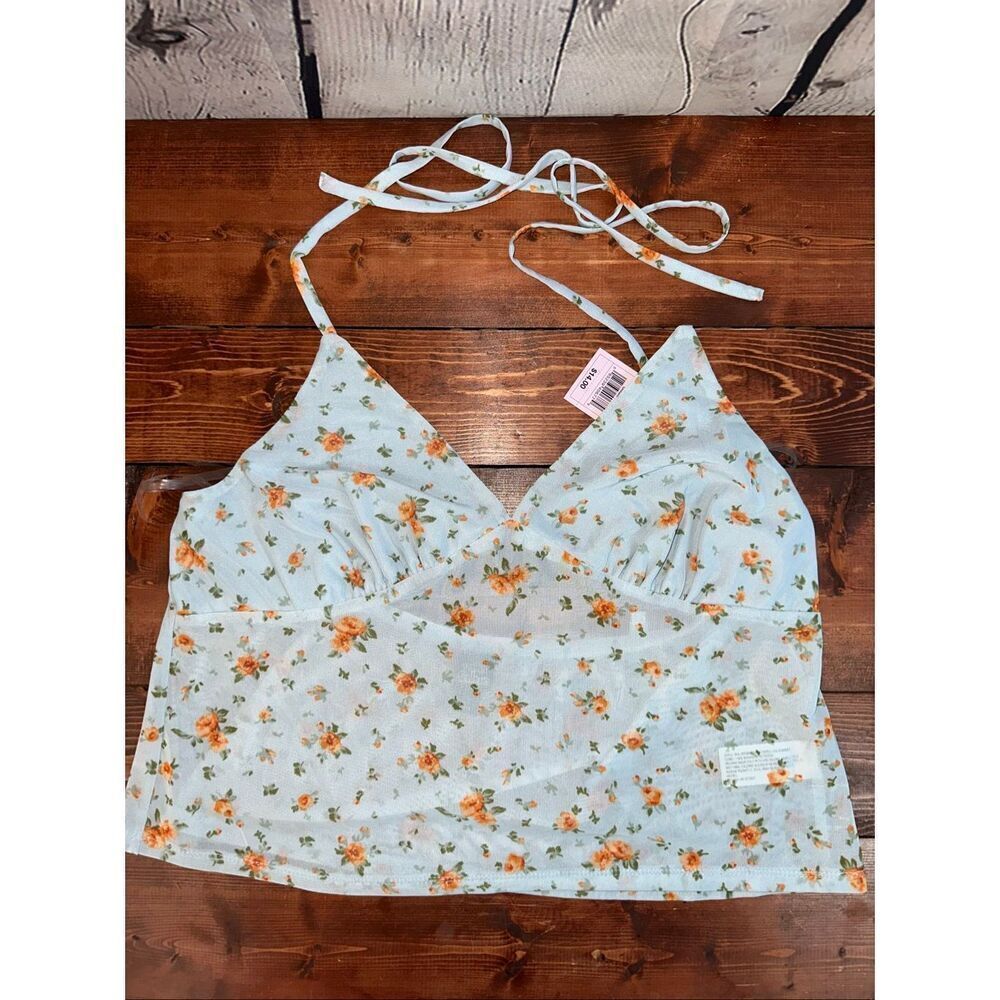 Wild Fable Women's Medium Mesh V-Neck Tank Top Light Aqua Blue Floral NWT
